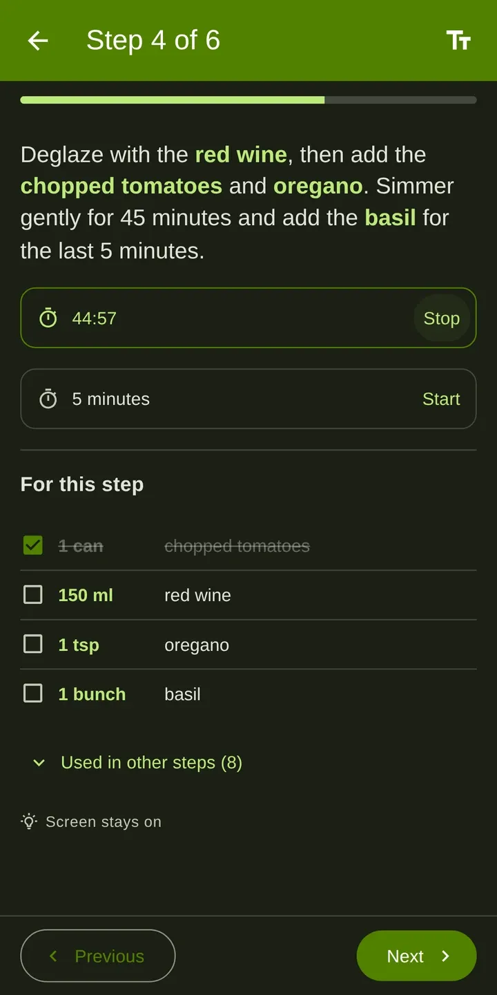 Cookpal: Guided cooking with the ingredients and timer of the current step