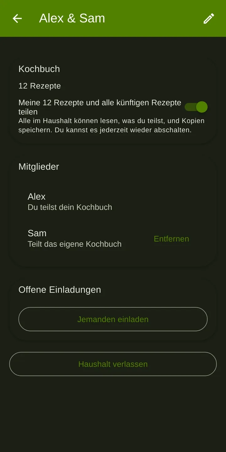 Cookpal: Haushalt, der Kochbuch, Wochenplan und Einkaufsliste teilt
