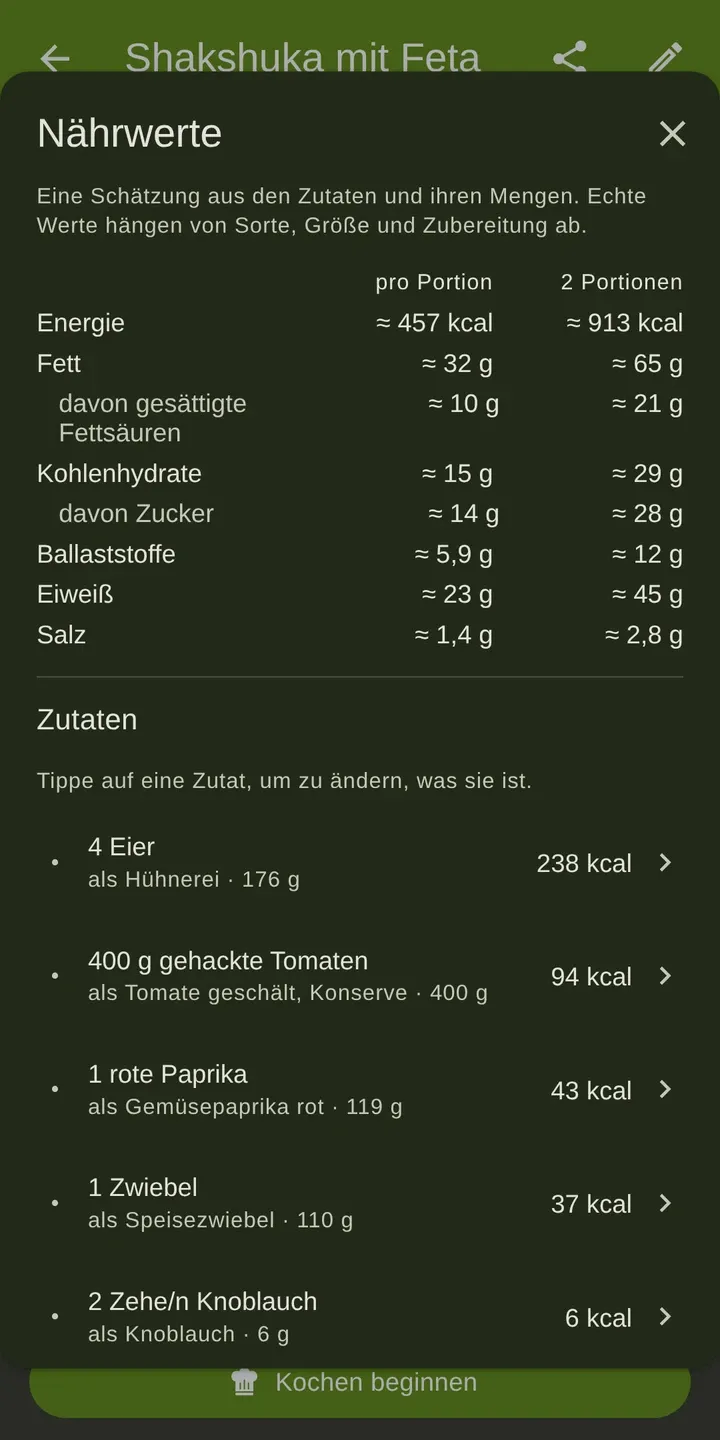 Cookpal: Kalorien und Nährwerte pro Portion