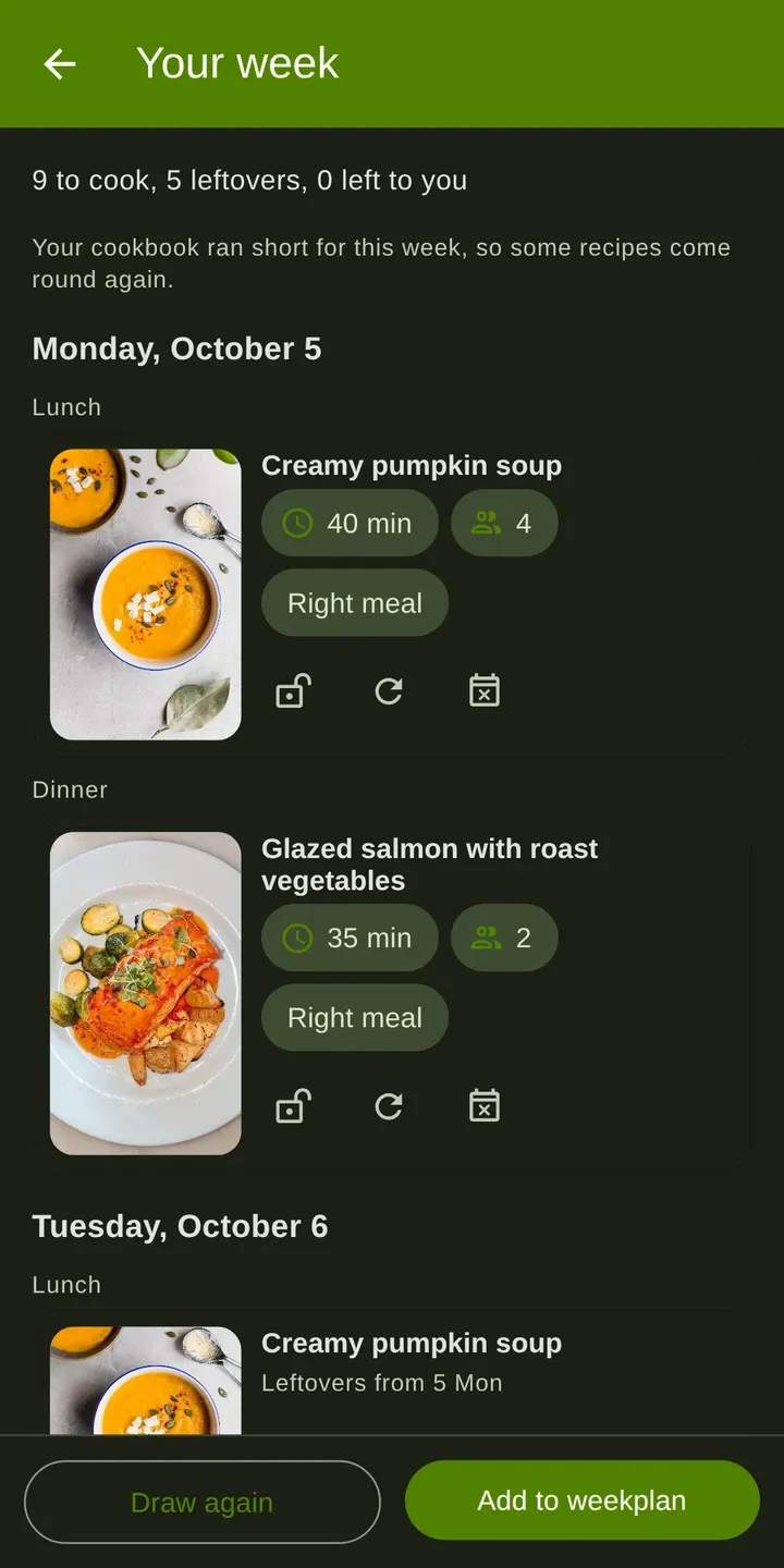 Cookpal: A suggested week with the planning settings