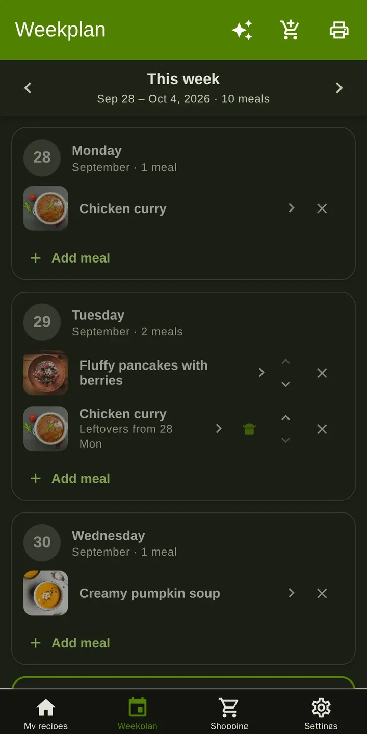 Cookpal: Week plan with a recipe for each day
